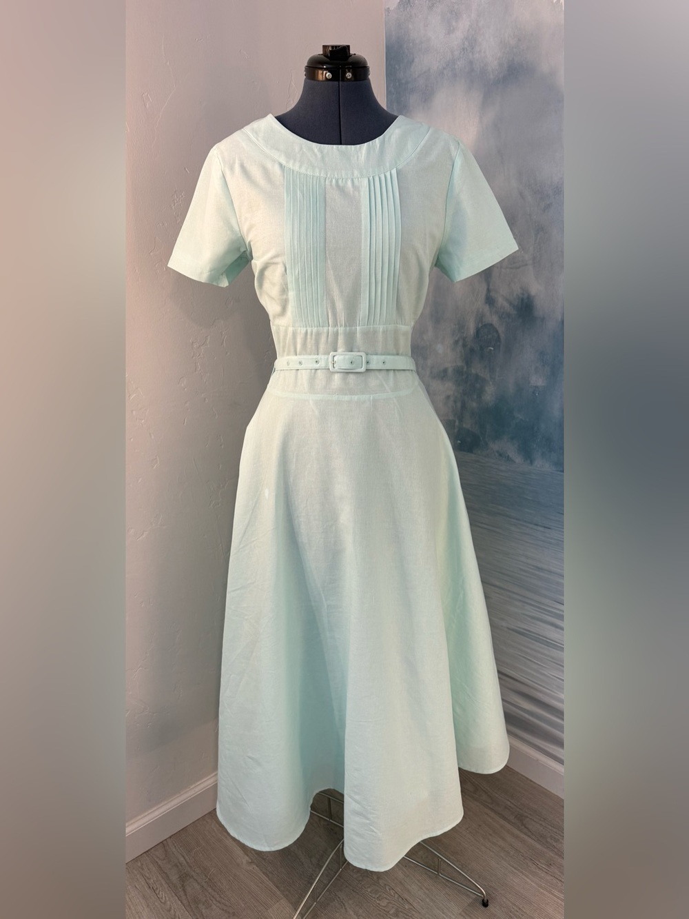 Mint Short-Sleeve Pleated Belted A-Line Dress by Chillinen #358